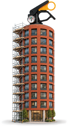 Building under construction, shaped as a fire extinguisher